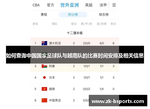 如何查询中国国家足球队与越南队的比赛时间安排及相关信息